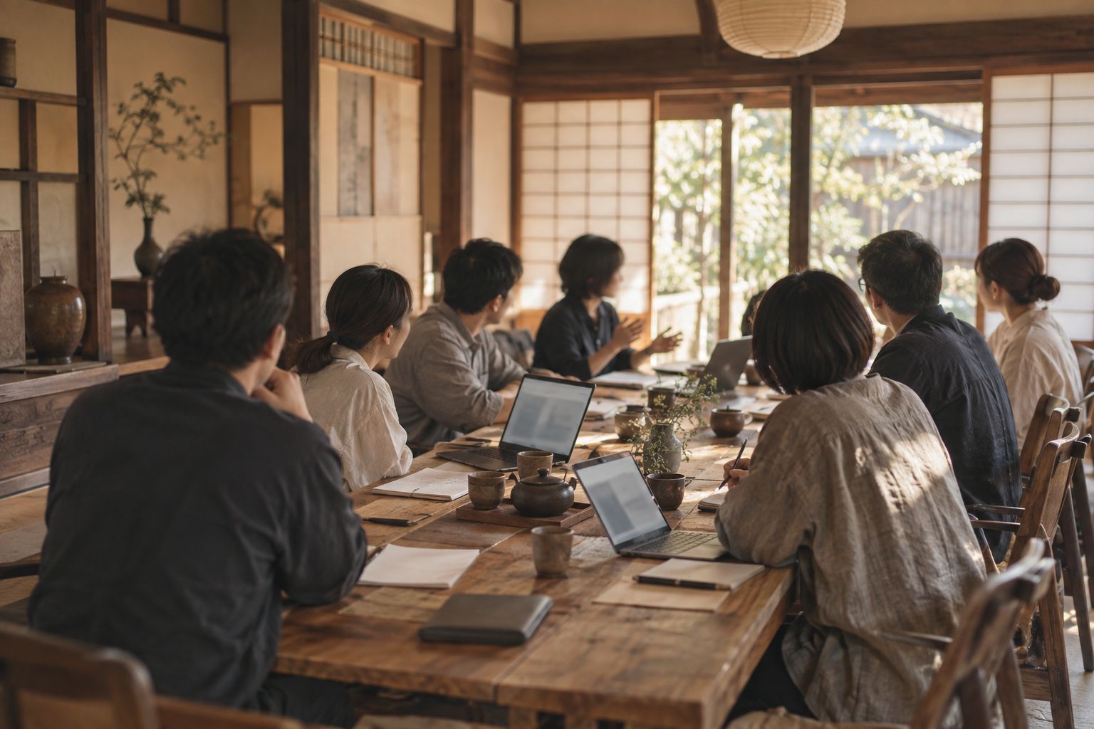 古民家の長机を囲む寄り合い
