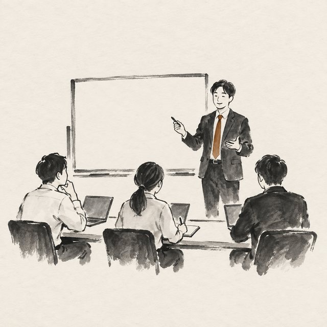 講師の話を聞きながら、社員さんが長机でノートを取る研修の様子(墨絵)